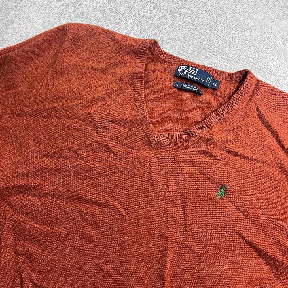 Polo Ralph Lauren‎ Sweater Mens XL Orange 100% Lambs Wool V-Neck Pony Pullover